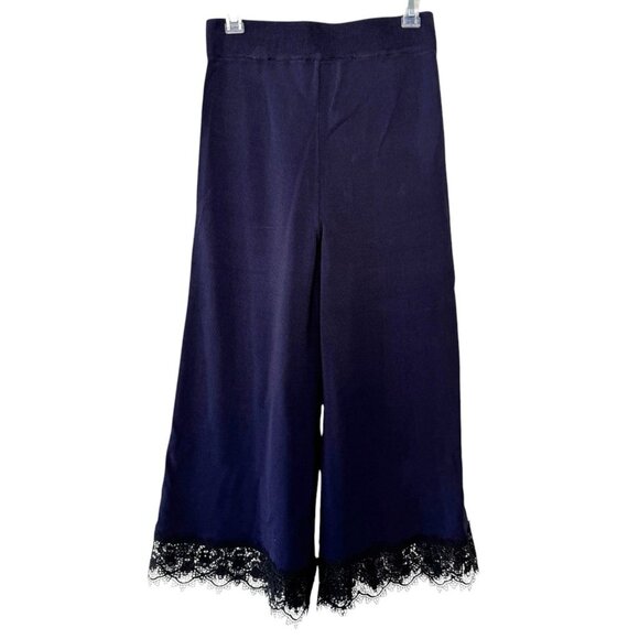 Zara Knit Wide Leg Crop Pant High Waist Blue Lace Trim Stretch Ankle Culottes S - Picture 3 of 11